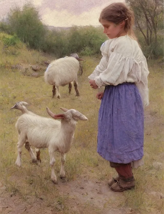 Image similar to portrait of little peasant girl petting a goat, cottage core, polaroid photo bleached vintage pastel colors high - key lighting, soft lights, foggy, by steve hanks, by lisa yuskavage, by serov valentin, by tarkovsky, 8 k render, detailed, oil on canvas