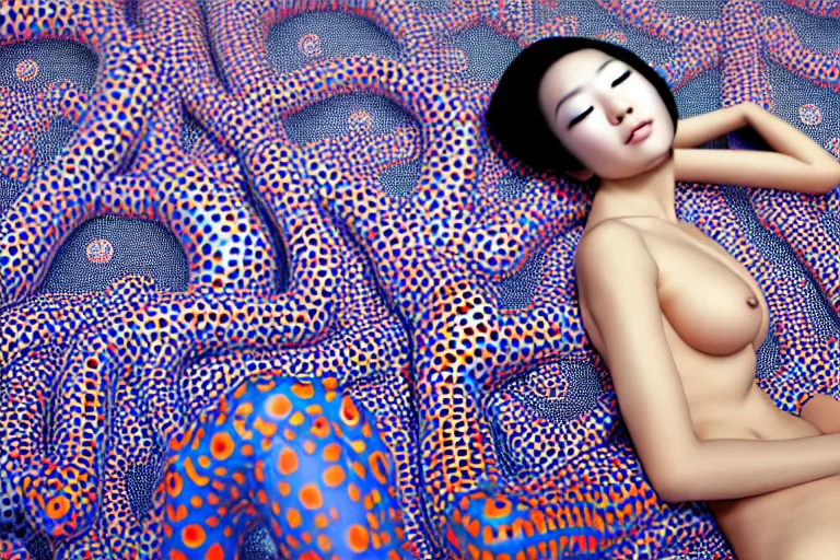 Image similar to hyperrealistic detailed image of a geisha laying in a art installation room, hd smooth interior by yayoi kusama, part by kei mieno, part by alex gray, part by ross tran, part by james jean, ultra realistic, highly detailed, life like face, detailed body, 8 k, octane render, trending on artstation, very cohesive, masterpiece