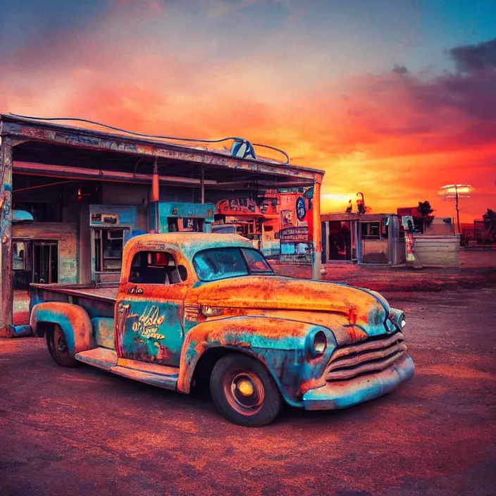 Image similar to a sunset light landscape with historical route 6 6, lots of sparkling details and sun ray ’ s, blinding backlight, smoke, volumetric lighting, colorful, octane, 3 5 mm, abandoned gas station, old rusty pickup - truck, beautiful epic colored reflections, very colorful heavenly, softlight