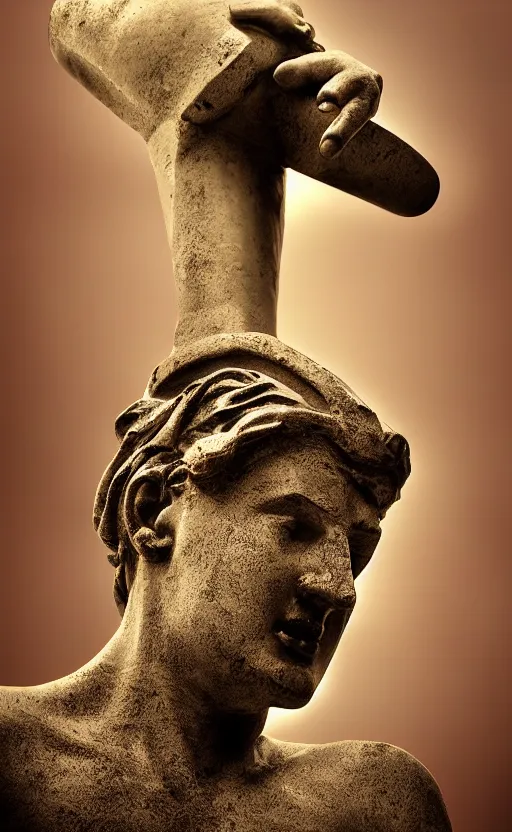 Image similar to a grecque statue, realistic and abstract at the same time, photographic, cinematic lighting, digital art,