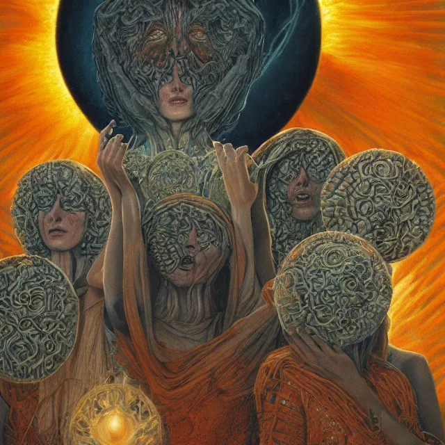 Image similar to a painting of the mothers of the sun by johfra bosschart, dark fantasy art, high detail, trending on artstation