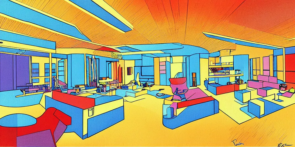 Image similar to modernist interior, seen from above, by René Laloux, line brush, full colour, coloured background