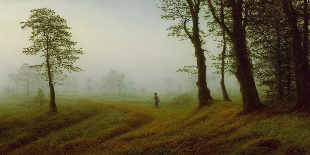 Prompt: a beautiful landscape painting of a path through countryside fields and patches of woodland, foggy atmosphere, by caspar david friedrich, oil on canvas, highly detailed, hd, 4 k