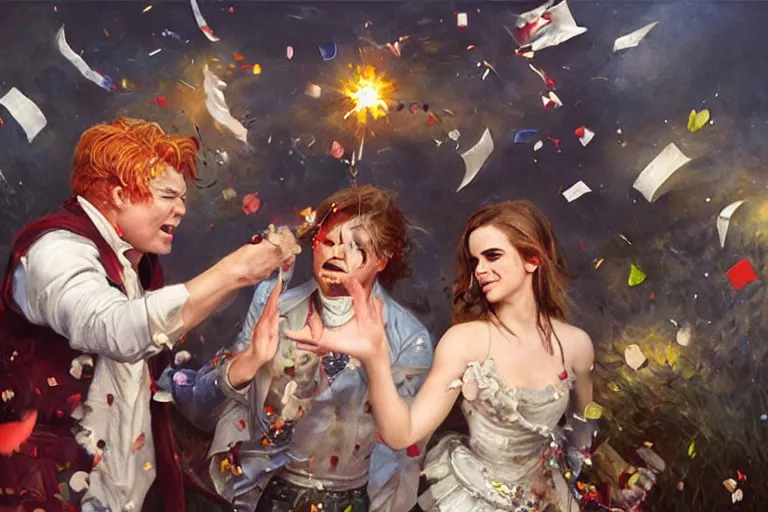 Image similar to portrait of rip taylor throwing confetti at an upset emma watson, an oil painting by ross tran and thomas kincade