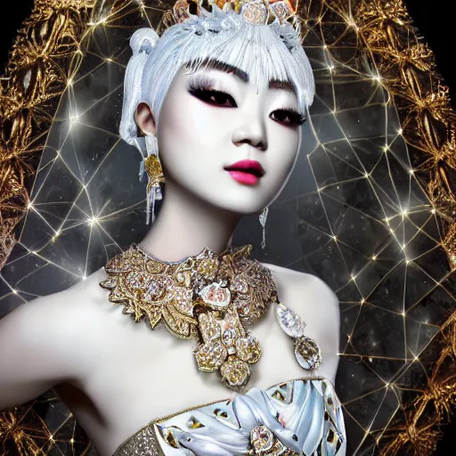 Prompt: portrait of wonderful asian princess of white diamond with fair skin, ornate with white diamonds, 8 k, gorgeous, intricate, detailed, glowing white accent lighting, dramatic lighting, octane render