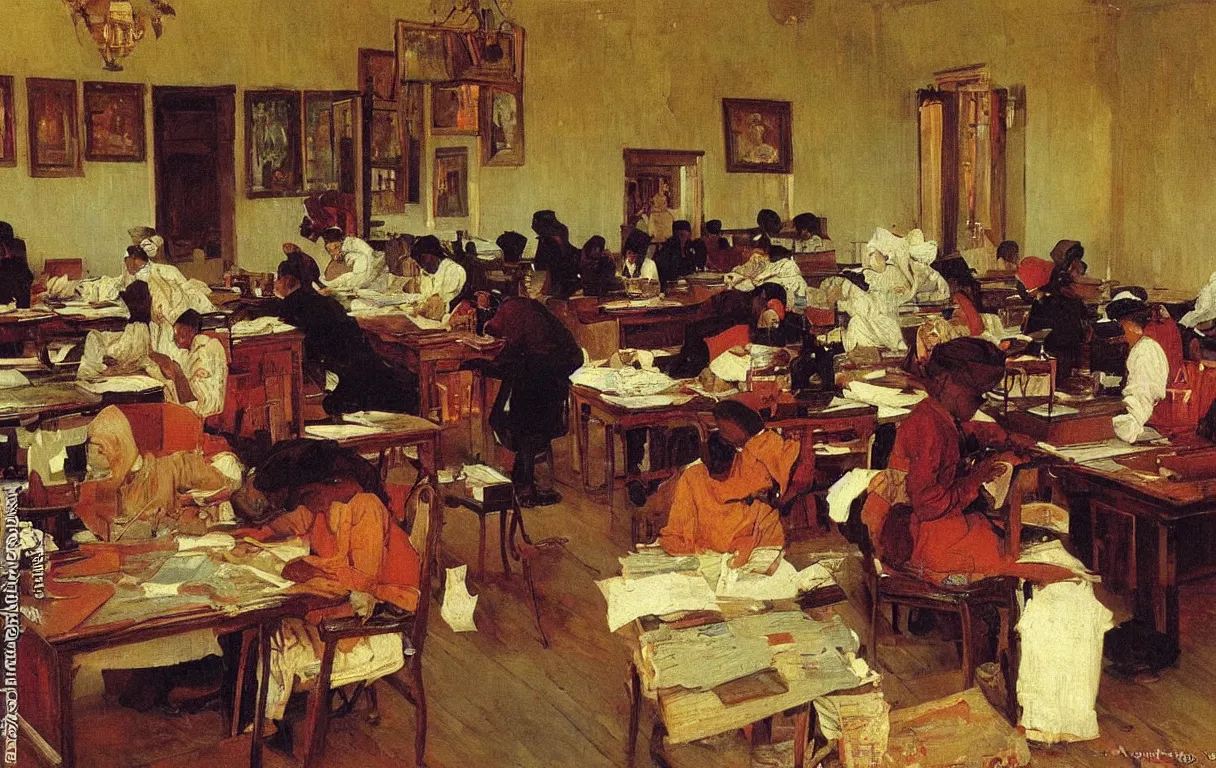 Prompt: colonial clerks working in busy office in lagos, 1905, highly colourful oil on canvas, by Ilya Repin