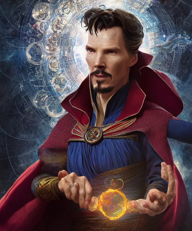Image similar to doctor strange as a female, au naturel, hyper detailed, digital art, trending in artstation, cinematic lighting, studio quality, smooth render, unreal engine 5 rendered, octane rendered, art style by klimt and nixeu and ian sprigger and wlop and krenz cushart
