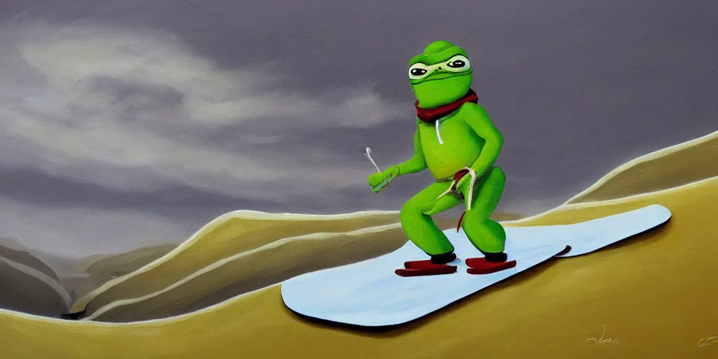 Image similar to pepe the frog snowboarding, gloomy landscape, painted by christopher radlund