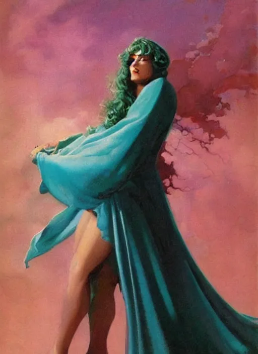 Image similar to portrait of plump norse goddess of the moon, teal robe and veil, strong line, deep color, beautiful! coherent! by frank frazetta, by boris vallejo