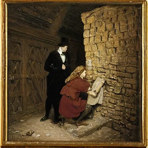 Image similar to young victorian man and woman solving a riddle carved into a stonewall in a dungeon, by alfred stevens