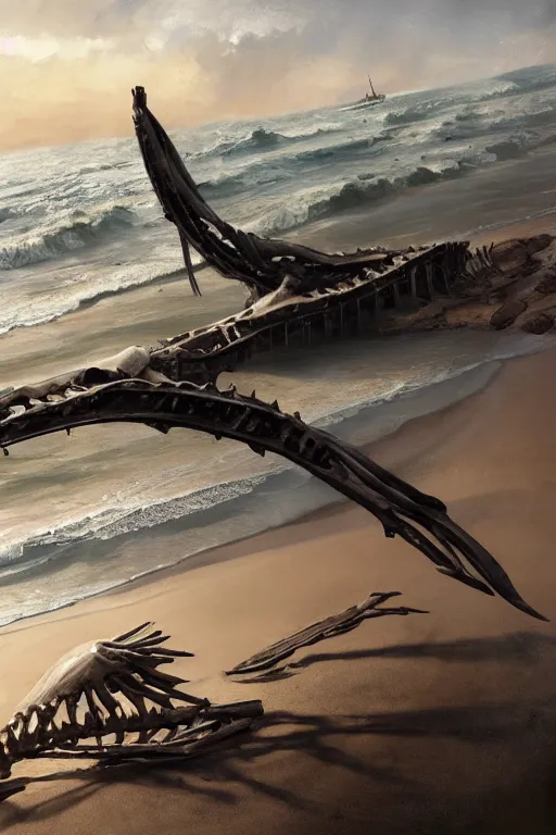 Image similar to whale skeleton on the beach, driftwood, huge, towering, gigantic, high octane, 8 k, digital art, magic the gathering, mtg, by greg rutkowski, trending on artstation