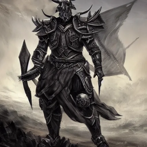 Prompt: a triumphant Minotaur in plate armor with black fur, fantasy concept art, high detail
