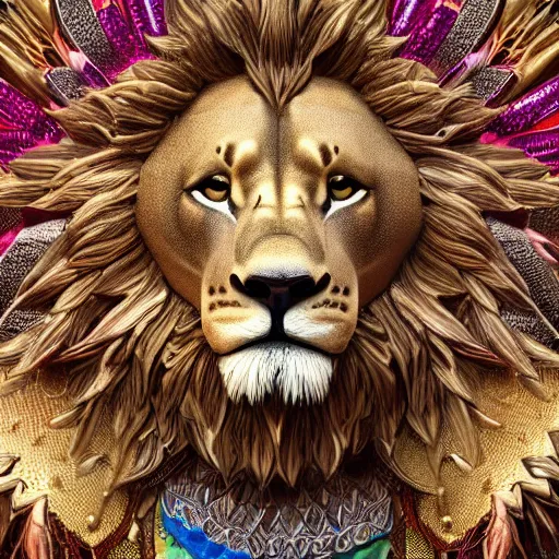 Prompt: scene of an anthropomorphic lion at a protest movement exquisite detail lion in hippie clothes, Streetwear, hippie fashion, protest movement, trending on artstation, bokeh, incredible detail, Mucha, Graeme Base, 8k detail, gi, global illumination, physically based rendering, photoreal, small details, intricate complexity