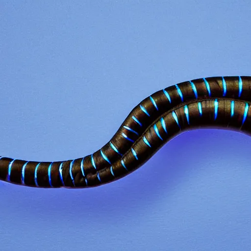 Prompt: studio photograph of a matte dark gray worm with a neon blue head and tail