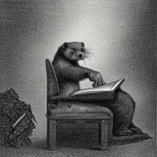 Prompt: ferret wearing clothes, with two left arms, one being also the chair's, eating a book while reading, in the style of gustave dore.