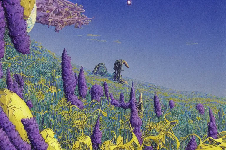 Image similar to evangelionic illustration, a lot of exotic deep blue vegetation, tall thin lavender trees, tremendous bounty, gold iridescent flowers, oldschool vintage sci - fi flat surreal design, super - detailed, digital oil painting by moebius, hd, 4 k, high quality