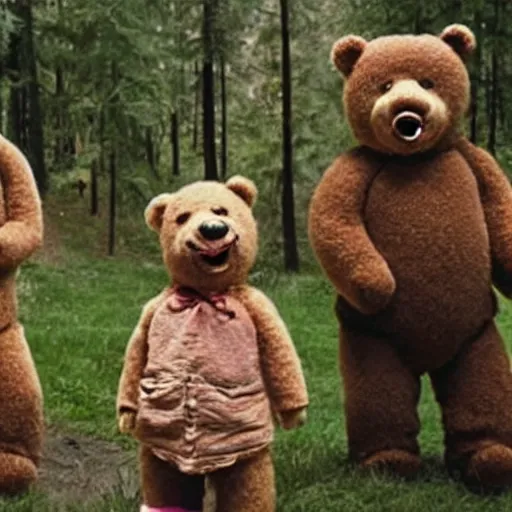 Prompt: the bernstein bears frighten a family of human campers ;