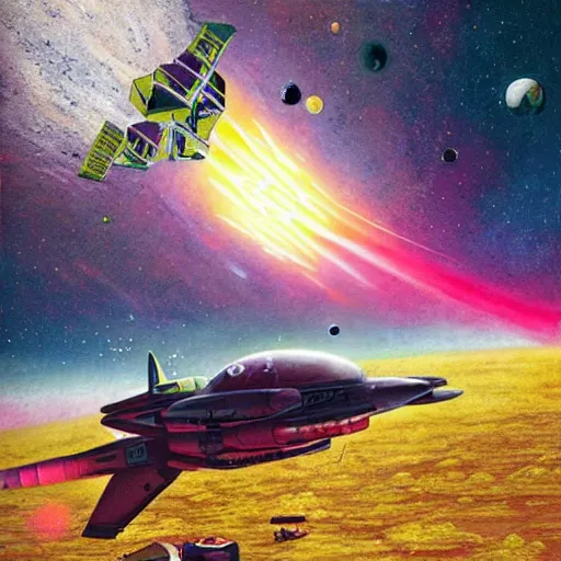 Image similar to a beautiful photograph of a space battle with wild, bright colors. by scott listfield accurate