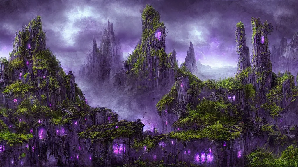 Prompt: a very dark and gloomy sky pierced by gnarly dark towers made of lavas on a ruin with moss, with tiny purple glowing butterflies, digital painting, sharp, by James Zapata