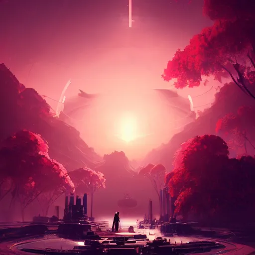 Prompt: beautiful landscape, nier automata, protoss temple!!!, machine planet, pink sun, advanced technology, cinematic lighting, highly detailed, masterpiece, art by bastien grivet