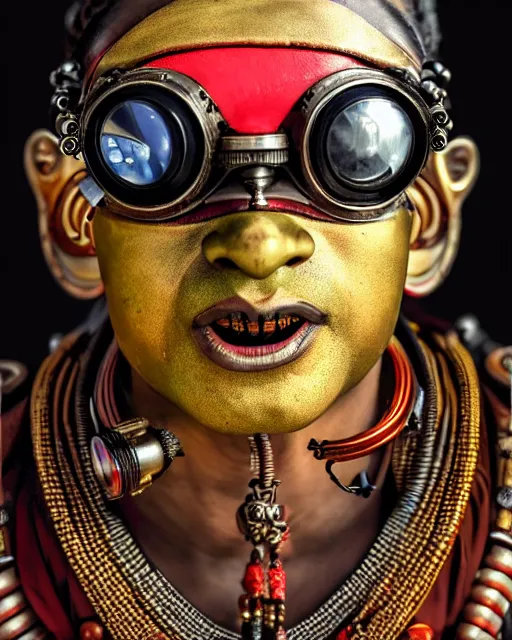 Image similar to photo of a Dramatic angry Kathakali male character with painted face wearing futuristic MadMax style steampunk goggles and accessories in the style of stefan kostic, realistic, sharp focus, symmetric, 8k high definition, insanely detailed, intricate, elegant, art by stanley lau and artgerm, Hajime Sorayama, William-Adolphe Bouguereau