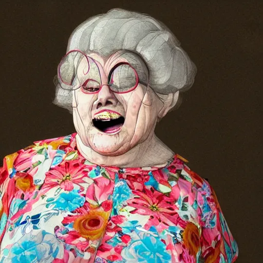 Prompt: of a very funny ambient occlusion render.. a sweet fat old woman is in love with her self. flowery dress. symmetrical face, red mouth, blue eyes. deep focus, lovely scene. ambient occlusion render. concept art. unreal engine. pencil and ink. goya painting style.