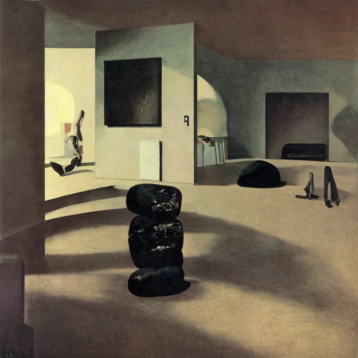 Image similar to the giant boulder, dark obsidian rock of ages filling up the interior of a mid - century modern home. painting by hammershoi, karel thole, bonnard, bekinski