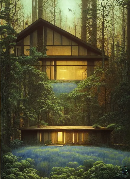 Image similar to hyper realistic witchy modern house with mood lighting and tech in the woods gorgeous lighting, blue sky, highly detailed, lush forest foliage painting by zdzisław beksinski and norman rockwell and greg rutkowski weta studio, and lucasfilm