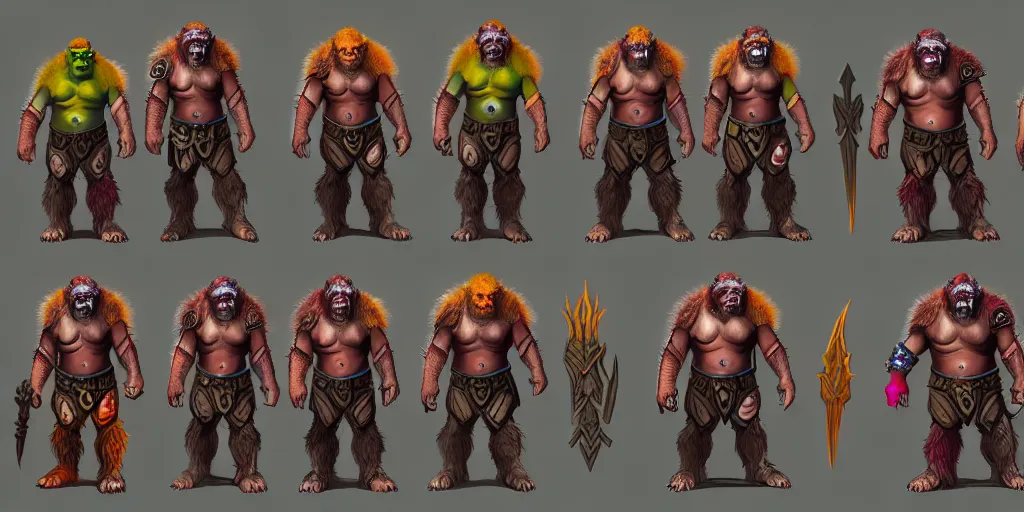 Image similar to different views of orcs, colourful intricate!! concept art by senior character artist, trending on artstation, full body character design