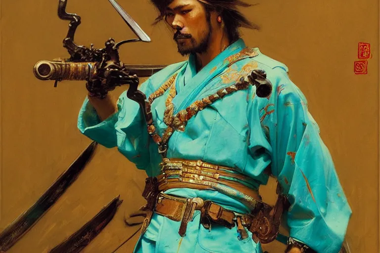 Prompt: turquoise samurai painting by gaston bussiere, craig mullins, j. c. leyendecker, tom of finland,