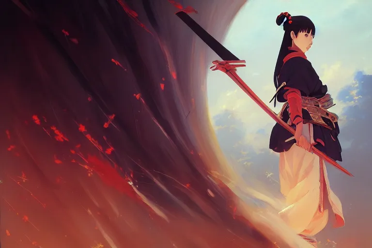 Image similar to baroque oil painting of anime key visual concept art of a samurai girl, very anime, stars vackground, trending on artstation, oil on canvas, style of makoto shinkai greg rutkowski studio ghibli