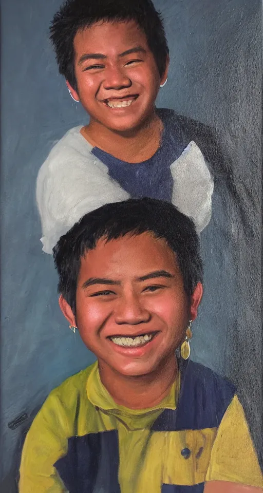 Image similar to oil portrait of one teenage chubby filipino boy smiling with crooked teeth, with a curly perm, and with small studded earings, 4 k, photorealistic, high detail