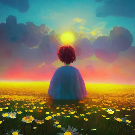 Prompt: giant daisy flower as head, girl sitting in a flower field, surreal photography, sunrise, dramatic light, impressionist painting, colorful clouds, digital painting, artstation, simon stalenhag