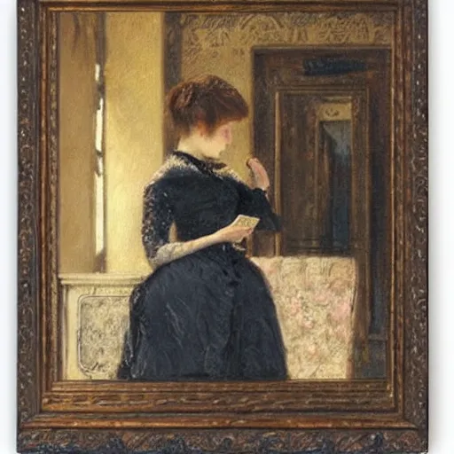 Prompt: young victorian lady being scared by the book she is reading, painted by alfred stevens