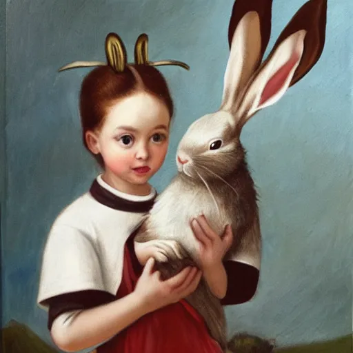 Image similar to priest holding a bunny, bunny has big fangs, priest has ram horns, oil painting