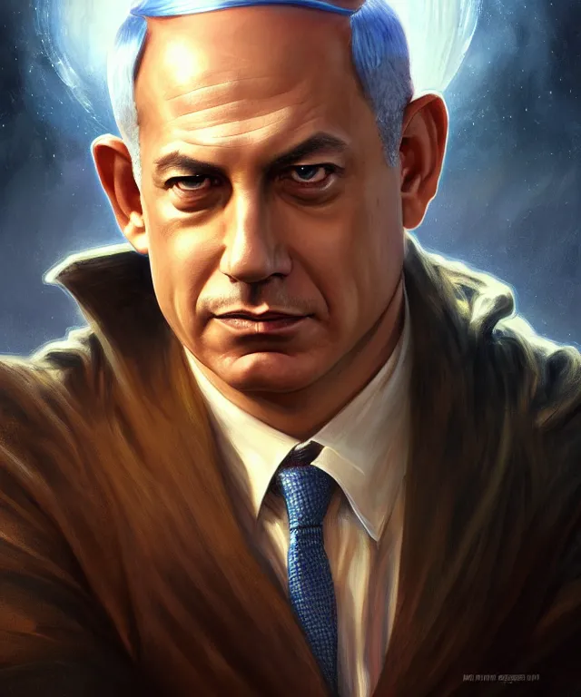 Image similar to Benjamin Netanyahu as a fantasy magic man portrait, sci-fi, amber eyes, face, long hair, fantasy, intricate, elegant, highly detailed, digital painting, artstation, concept art, smooth, sharp focus, illustration, art by artgerm and greg rutkowski and alphonse mucha