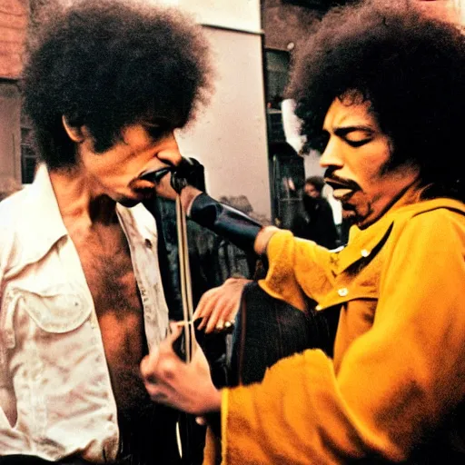 Image similar to bob dylan punching jimi hendrix, photograph