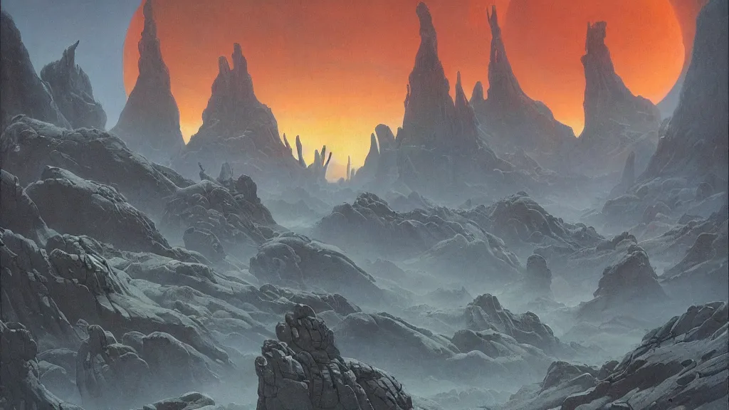 Image similar to eerie atmospheric evolving alien planet by gerald brom and vincent di fate, epic cinematic matte painting