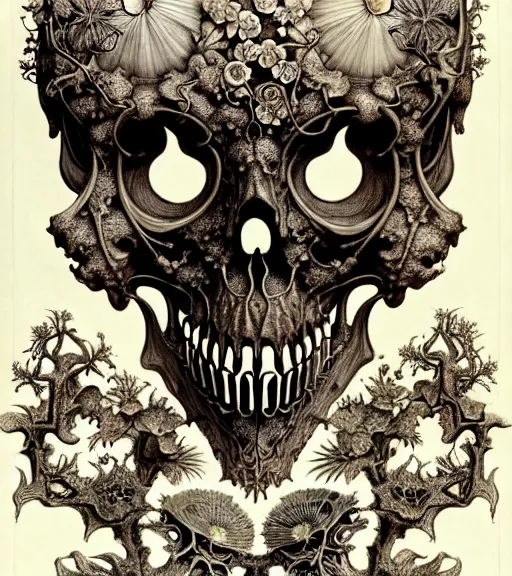 Image similar to art forms of nature by ernst haeckel, memento mori by arthur rackham, ornate antique porcelain beautiful skull mask, ultrasharp, photorealistic, hyperdetailed, octane render, polished, art nouveau, neo - gothic, gothic, intricate ornamental organic filigree, art nouveau botanicals, art forms of nature by ernst haeckel, horizontal symmetry, symbolist, visionary