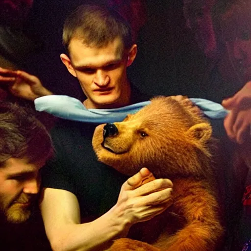 Prompt: vitalik buterin punching a bear in the throat, renaissance painting