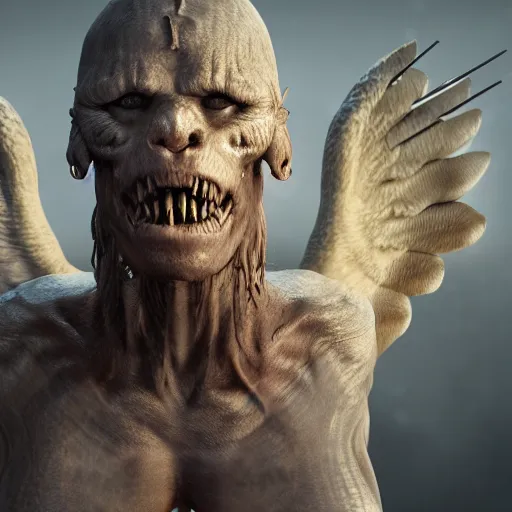 Image similar to cinematography picture of monster with angel wings and human skin, no eyes, long jaw, holding a spear, 8k, unreal engine 5, ps5, hyperrealistic, artstation, higly detailed