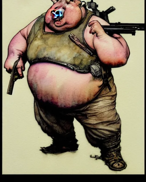 Image similar to a realistic and atmospheric watercolour fantasy character concept art portrait of a fat adorable dirty chibi pig wearing a wife beater and holding a rifle, by rebecca guay, michael kaluta, charles vess and jean moebius giraud