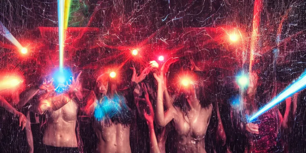 Image similar to wet complex, colored lasers, people, skin, smoke, god rays, hair, wet metal reflections, mirrors, infinite, close up, skin, wet, ultra detailed, group of people