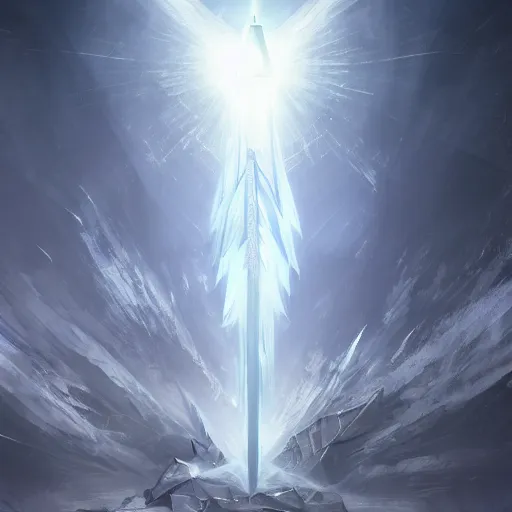 Prompt: a beacon of light is channeled from above into the tip of a white fantasy sword which splits and refracts the energy overhead by an archangel man on a medieval battlefield, artstation, deviantart, 8k, concept art, incredibly detailed art