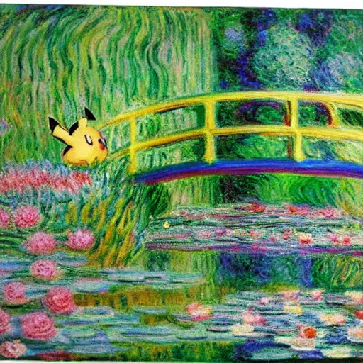 Image similar to pikachu laying relaxed near a lake surrounded by flowers, claude monet style, cloudy weather