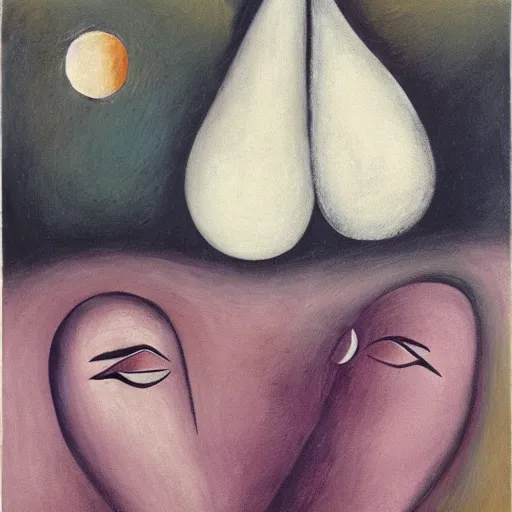 Image similar to abstract figurative art, leonora carrington style, lovers eat pears, dreamy, muted, pastel colors