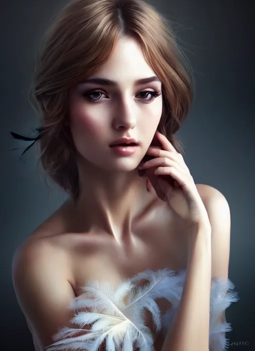 Image similar to a gorgeous female photo, professionally retouched, soft lighting, wearing a feather dress, realistic, smooth face, perfect eyes, wide angle, sharp focus on eyes, 8 k high definition, insanely detailed, intricate, elegant, art by artgerm and wlop