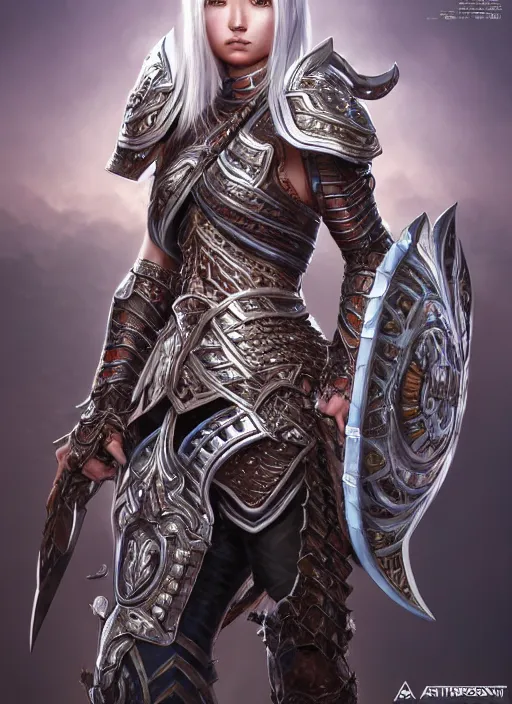 Image similar to warrior, intricate ornate opal heavy armor!!! beautiful and athletic white hair female!! monster hunter!! character concept art, sharp focus, octane render! unreal engine 5! highly rendered!! trending on artstation!! detailed linework!! illustration by artgerm, wlop, and chie yoshii