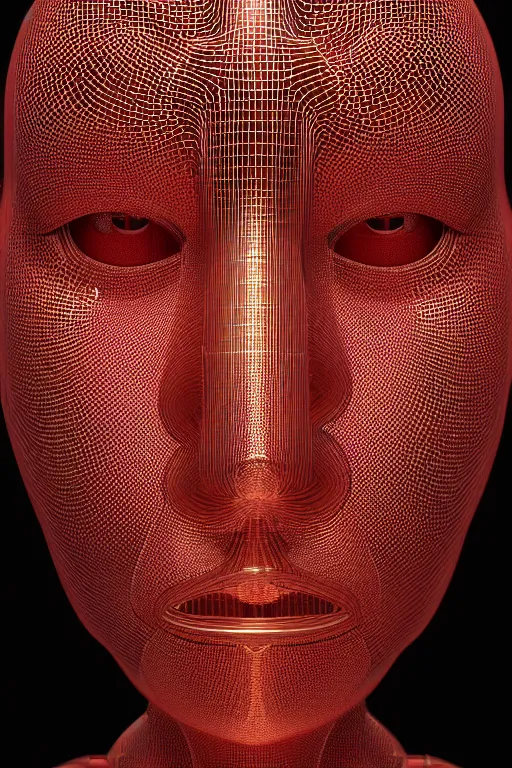 Prompt: intricate 3d render of a complex robotic human face, liquid simulation background, dramatic lighting, silver gold red details, hexagonal mesh wire, filigree intricate details, cinematic, fleshy musculature, elegant, octane render, 8k post-processing