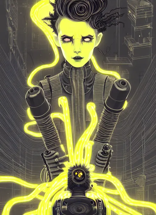 Image similar to highly detailed portrait of wasteland punk long curly bright yellow and white plasma electricity hair tribal lady, stray electric spark wiring by atey ghailan, james gilleard, by joe fenton, by greg rutkowski, by greg tocchini, by kaethe butcher, 4 k resolution, gradient yellow, black and white color scheme!!! ( ( lightning cloudy robotic dystopian city background ) )